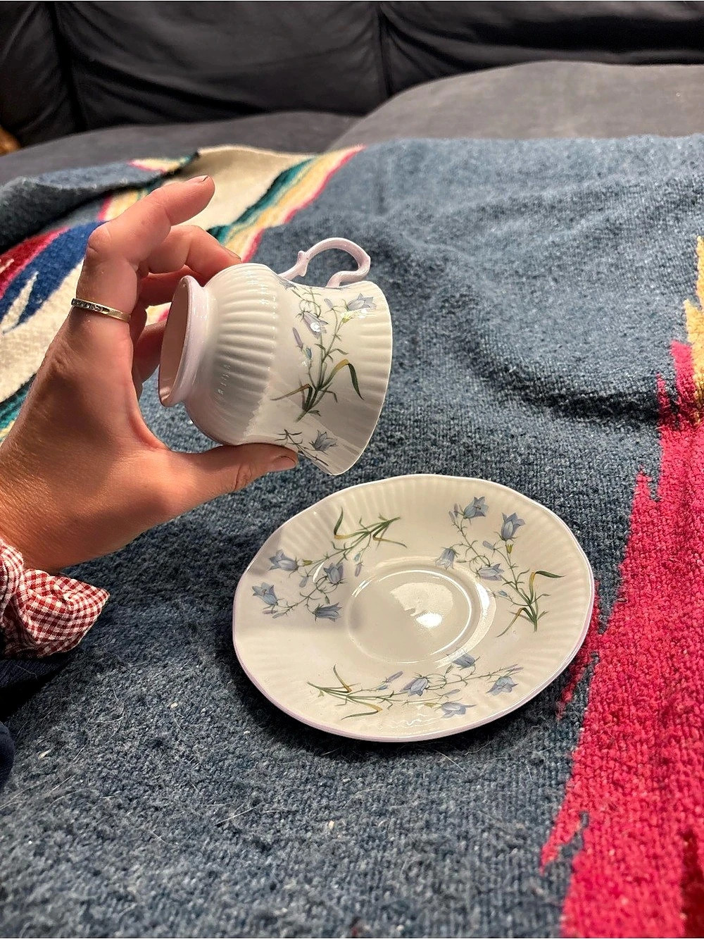 Queen's Floral Teacup & Saucer Set in White & Blue - Picture 6 of 6